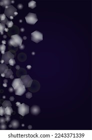 Vector Magical Glowing Background with Silver and Purple Falling Hexagon Snowflakes on Black. Falling Snow. Glittery Confetti Frame. Cosmic Bokeh Light. Christmas and New Year Poster. Winter Sky.