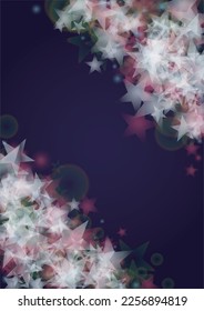 Vector Magical Glowing Background with Silver and Purple Falling Hexagon Snowflakes on Black. Falling Snow. Glittery Confetti Frame. Cosmic Bokeh Light. Christmas and New Year Poster. Winter Sky.