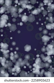 Vector Magical Glowing Background with Silver and Purple Falling Hexagon Snowflakes on Black. Falling Snow. Glittery Confetti Frame. Cosmic Bokeh Light. Christmas and New Year Poster. Winter Sky.
