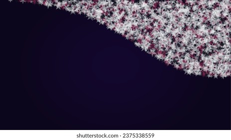 Vector Magical Glowing Background with Silver and Purple Falling Stars on Black. Christmass and New Year Poster. Glittery Confetti Frame Sparkle Star Night Banner Design.