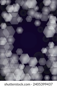 El fondo vectorial mágico brillando con la plata y el morado cayendo Hexagon copos de nieve sobre negro. Nieve cayendo. Marco De Confetti Glittery. Luz Cósmica De Bokeh. Afiche de Navidad y Año Nuevo. Cielo invernal.