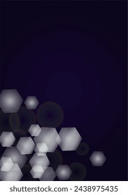 Vector Magical Glowing Background with Silver and Purple Falling Hexagon Snowflakes on Black. Falling Snow. Glittery Confetti Frame. Cosmic Bokeh Light. Christmas and New Year Poster. Winter Sky.