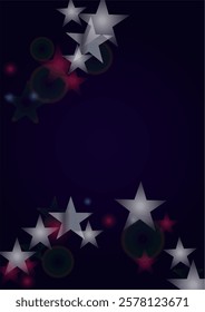 Vector Magical Glowing Background with Silver and Purple Falling Hexagon Snowflakes on Black. Falling Snow. Glittery Confetti Frame. Cosmic Bokeh Light. Christmas and New Year Poster. Winter Sky.