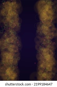 Vektor-Magisches Gold-Shine-Hintergrund mit unscharfen Glühkreisen auf Schwarz. Starlight Neg Texture. Glitter Holiday Print. Weihnachts- und Neujahrsdesign. Licht auf Dunkelviolett. Bokeh-Hintergrund.