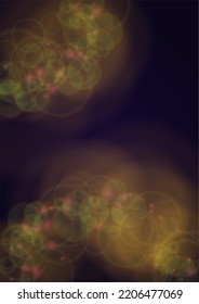 Vector Magical Gold Shine Background with Blurred Glowing Circles on Black. Starlight Fog Texture. Glitter Holiday Print. Christmas and New Year Design. Glowing Light on Dark Purple. Bokeh Background.