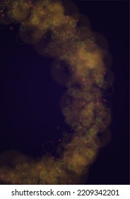 Vector Magical Gold Shine Background with Blurred Glowing Circles on Black. Starlight Fog Texture. Glitter Holiday Print. Christmas and New Year Design. Glowing Light on Dark Purple. Bokeh Background.
