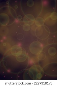 Vector Magical Gold Shine Background with Blurred Glowing Circles on Black. Starlight Fog Texture. Glitter Holiday Print. Christmas and New Year Design. Glowing Light on Dark Purple. Bokeh Background.