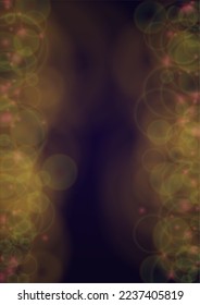 Vector Magical Gold Shine Background with Blurred Glowing Circles on Black. Starlight Fog Texture. Glitter Holiday Print. Christmas and New Year Design. Glowing Light on Dark Purple. Bokeh Background.