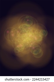 Vector Magical Gold Shine Background with Blurred Glowing Circles on Black. Starlight Fog Texture. Glitter Holiday Print. Christmas and New Year Design. Glowing Light on Dark Purple. Bokeh Background.