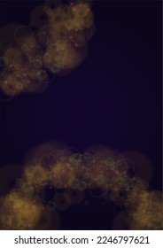 Vector Magical Gold Shine Background with Blurred Glowing Circles on Black. Starlight Fog Texture. Glitter Holiday Print. Christmas and New Year Design. Glowing Light on Dark Purple. Bokeh Background.