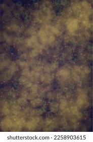 Vector Magical Gold Shine Background with Blurred Glowing Circles on Black. Starlight Fog Texture. Glitter Holiday Print. Christmas and New Year Design. Glowing Light on Dark Purple. Bokeh Background.