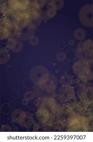 Vector Magical Gold Shine Background with Blurred Glowing Circles on Black. Starlight Fog Texture. Glitter Holiday Print. Christmas and New Year Design. Glowing Light on Dark Purple. Bokeh Background.