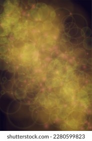 El fondo del Vector mágico de oro brilla con unos Círculos brillantes borrosos en negro. Textura de niebla estelar. Impresión de vacaciones brillante. Diseño de Navidad y Año Nuevo. Luz brillante en morado oscuro. Fondo Bokeh.