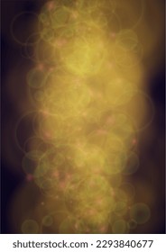Vector Magical Gold Shine Background with Blurred Glowing Circles on Black. Starlight Fog Texture. Glitter Holiday Print. Christmas and New Year Design. Glowing Light on Dark Purple. Bokeh Background.