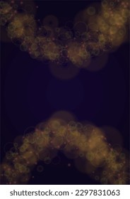 Vector Magical Gold Shine Background with Blurred Glowing Circles on Black. Starlight Fog Texture. Glitter Holiday Print. Christmas and New Year Design. Glowing Light on Dark Purple. Bokeh Background.