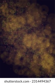 Vector Magical Gold Shine Background with Blurred Glowing Circles on Black. Starlight Fog Texture. Glitter Holiday Print. Christmas and New Year Design. Glowing Light on Dark Purple. Bokeh Background.