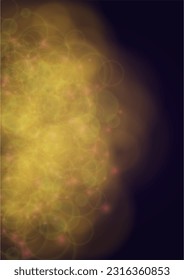 El fondo del Vector mágico de oro brilla con unos Círculos brillantes borrosos en negro. Textura de niebla estelar. Impresión de vacaciones brillante. Diseño de Navidad y Año Nuevo. Luz brillante en morado oscuro. Fondo Bokeh.