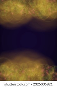 Vector Magical Gold Shine Background with Blurred Glowing Circles on Black. Starlight Fog Texture. Glitter Holiday Print. Christmas and New Year Design. Glowing Light on Dark Purple. Bokeh Background.