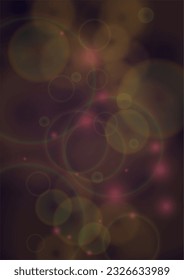 Vector Magical Gold Shine Background with Blurred Glowing Circles on Black. Starlight Fog Texture. Glitter Holiday Print. Christmas and New Year Design. Glowing Light on Dark Purple. Bokeh Background.