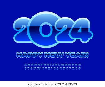 Vector magical Greeting Card Happy New Year 2024! Glossy Blue Font. Cute Creative Alphabet Letters and Numbers set