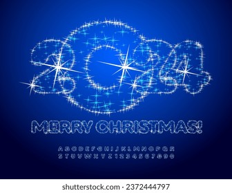 Vector magical greeting card Merry Christmas 2024! Sparkling stars Font. Glittering Alphabet Letters and Numbers set