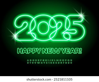 Vector magical Greeting Happy New Year 2025! Bright Glowing Font. Neon Green Alphabet Letters and Numbers set.