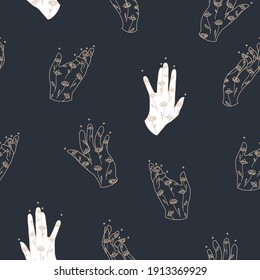Vector Magical Hands with Chamomile Drawings Lineart on Dark seamless pattern background. Perfect for fabric, wallpaper and scrapbooking projects.