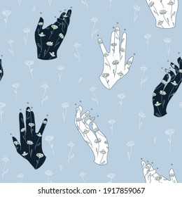Vector Magical Hands with Chamomile Drawings Lineart on Blue seamless pattern background. Perfect for fabric, wallpaper and scrapbooking projects.