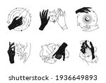 Vector magical hands set of logo template. Linear style, minimal design. Planets, moon phases, sun and stars. Esoteric and mystical design elements. 