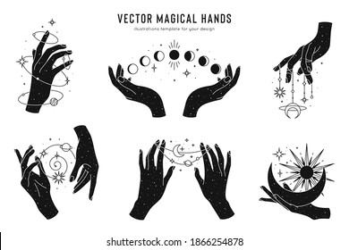 Vector magical hands set of logo template. Linear style, minimal design. Planets, moon phases, sun and stars. Esoteric and mystical design elements. 
