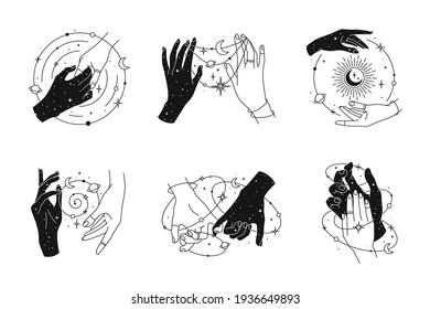 Vector Magical Hands Set Of Logo Template. Linear Style, Minimal Design. Planets, Moon Phases, Sun And Stars. Esoteric And Mystical Design Elements. 