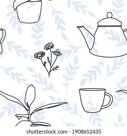 Vector Magical Home Life Balance lineart on Blue Leaves seamless pattern background. Perfect for fabric, wallpaper and scrapbooking projects.