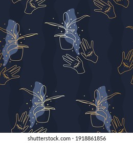 Vector Magical House Plant Care Gold Effect Lineart with Stripes seamless pattern background. Perfect for fabric, wallpaper and scrapbooking projects.