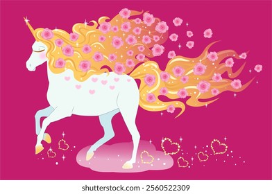 Vector magical illustration: a beautiful cartoon unicorn with roses in its mane and tail and hearts on its skin runs, leaving glitter, and hearts from stars behind.