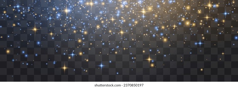 Vektormagischer Leichtstaub, staubiger Schimmer. Fliegende Lichtpartikel. Weihnachtslicht-Effekt. Funkelnde Partikel aus Märchenstaub leuchten auf transparentem Hintergrund. Vektorgrafik auf PNG.