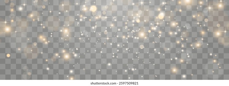 Vector magical light dust, dusty shine. Flying particles of light. Christmas light effect. Sparkling particles of fairy dust glow in transparent background. Vector illustration on png