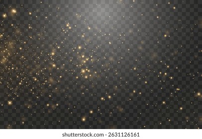 Vector magical light dust, dusty shine. Flying particles of light png. Sparkling fairy dust shining on a transparent background. Christmas light effect. Vector illustration isolated on PNG 
