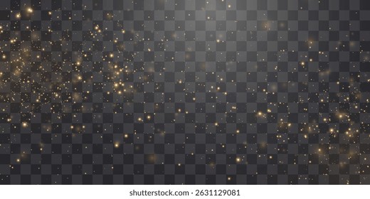 Vector magical light dust, dusty shine. Flying particles of light png. Sparkling fairy dust shining on a transparent background. Christmas light effect. Vector illustration isolated on PNG 