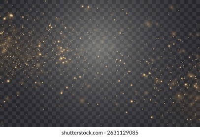 Vector magical light dust, dusty shine. Flying particles of light png. Sparkling fairy dust shining on a transparent background. Christmas light effect. Vector illustration isolated on PNG 
