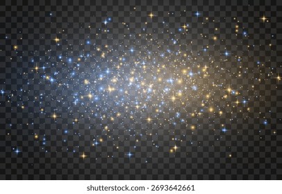 Vector mágico de luz, brillo polvoriento. Partículas voladoras de luz. Navidades efecto de luz. Partículas brillantes de polvo de hadas brillan en fondo transparente. Ilustración vectorial sobre PNG