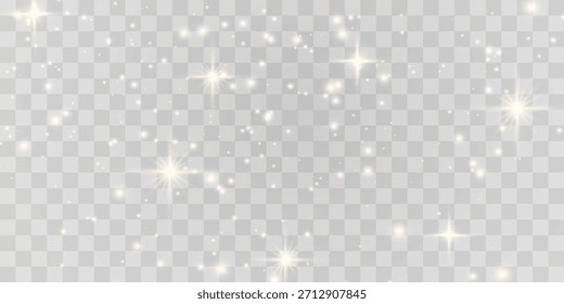 Vektormagischer Lichtstaub, staubiger Glanz. Fliegende Lichtteilchen. Weihnachtsbeleuchtung. Funkelnde Partikel aus Feenstaub leuchten auf transparentem Hintergrund. Vektorgrafik auf PNG