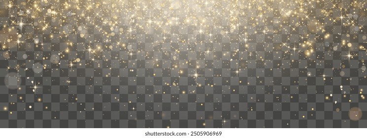 Vektormagischer Lichtstaub, schimmernder Glanz. Schwebende Lichtteilchen. Weihnachtsbeleuchtung. Funkelnde, feenhafte Staubpartikel, die auf transparentem Hintergrund leuchten. Vektorgrafik in png