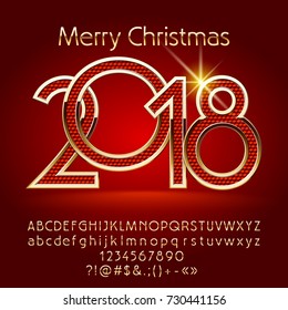Vector magical Merry Christmas 2018 greeting card with Alphabet set of Letters, Symbols and Numbers. Golden Font contains Graphic Style