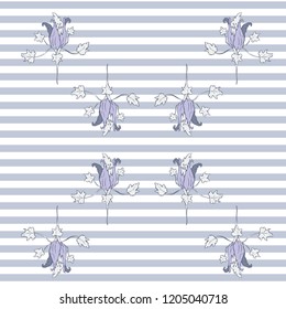 Vector Magical Pumpkin Flowers in Lavender on stripes seamless pattern background. Perfect for fabric, scrapbooking and wallpaper projects.