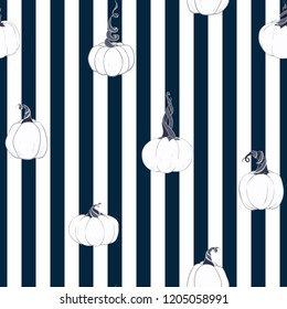 Vector Magical Pumpkins on vertical stripes seamless pattern background. Perfect for fabric, scrapbooking and wallpaper projects.