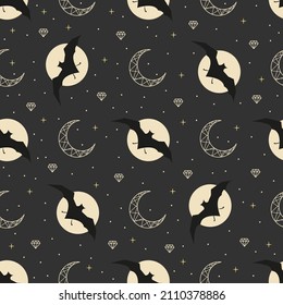 Vector magical seamless pattern with bat, moon and stars. Mystical esoteric background for fabric design, packaging, astrology, phone case, wrapping paper.