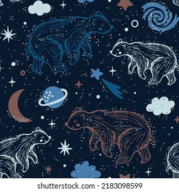 Vector magical seamless pattern with bears, moon, clouds, stars. Kids repeated texture with night sky and fantasy animals. Childish print for fabric, pajamas and wrapping paper. Good night background