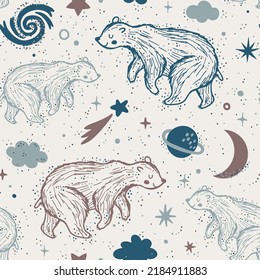 Vector magical seamless pattern with bears, moon, clouds, stars. Kids repeated texture with night sky and fantasy animals. Childish print for fabric, pajamas and wrapping paper. Good night background