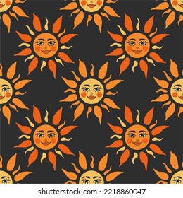 Vector magical seamless pattern with golden sun. Mystical esoteric background for fabric design, packaging, astrology, phone case, yoga mat, notebook covers, wrapping paper.