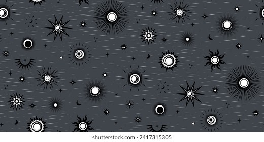 Vector magical seamless pattern with monochrome sun moon and stars
